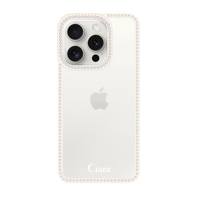 iPhone15ProMax ラインストーンフレームクリア クリア ラインストーンフレームケース ロゴ ホワイト