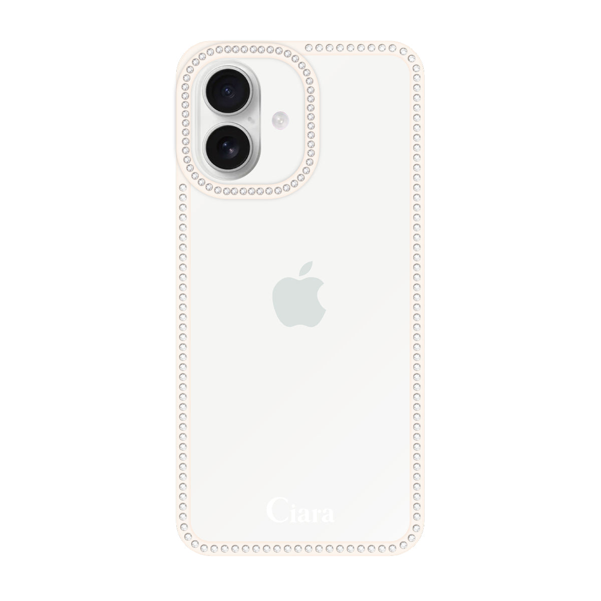 iPhone16 ラインストーンフレームクリア クリア ラインストーンフレームケース ロゴ ホワイト
