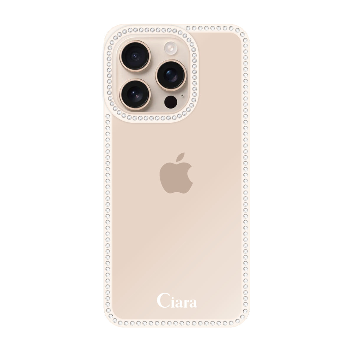 iPhone16Pro ラインストーンフレームクリア クリア ラインストーンフレームケース ロゴ ホワイト