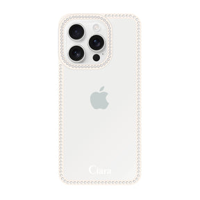 iPhone16ProMax ラインストーンフレームクリア クリア ラインストーンフレームケース ロゴ ホワイト