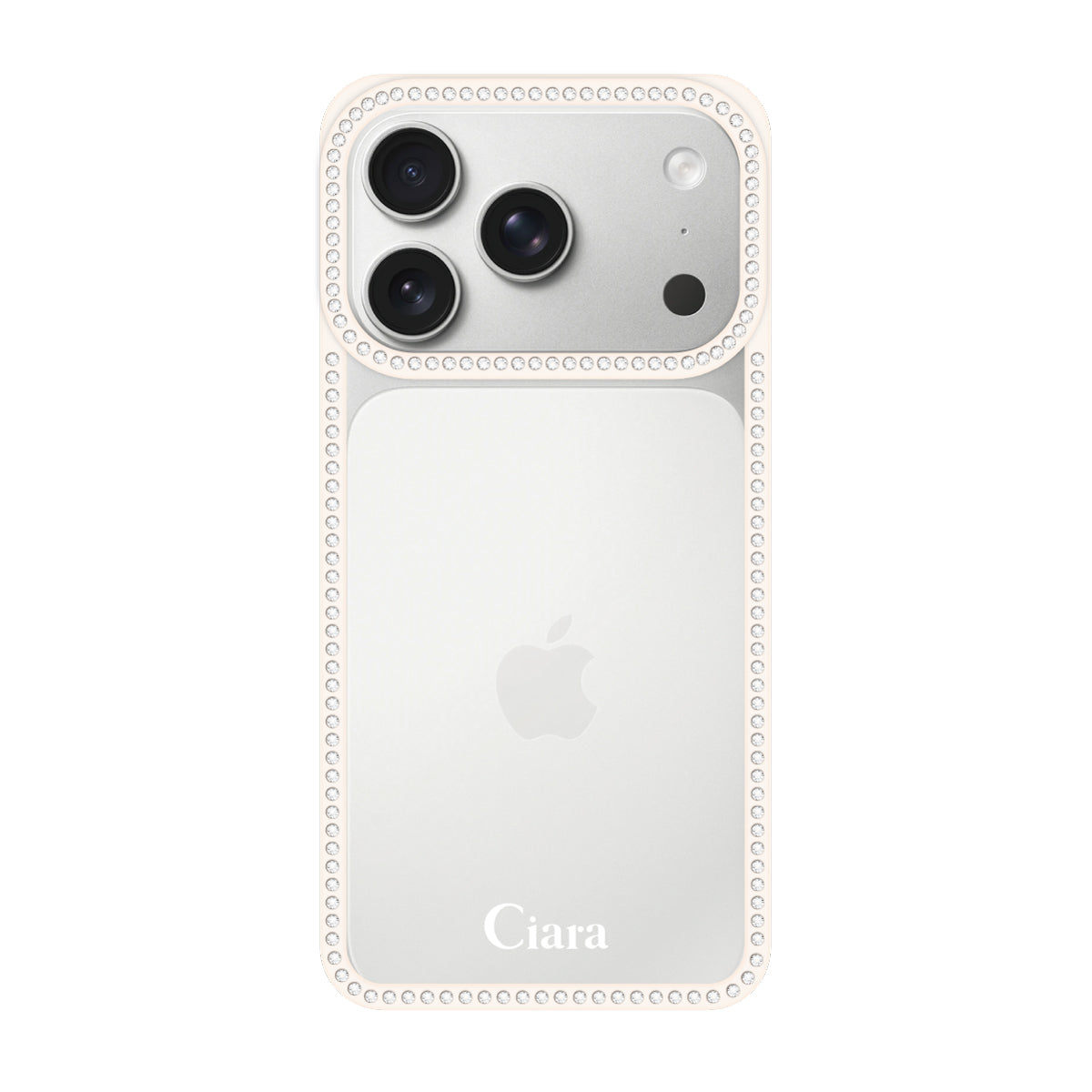 iPhone17Pro ラインストーンフレームクリア クリア ラインストーンフレームケース ロゴ ホワイト