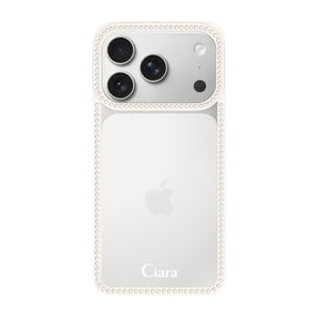 iPhone17Pro ラインストーンフレームクリア クリア ラインストーンフレームケース ロゴ ホワイト