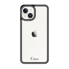 iPhone14/13 ラインストーンフレームクリア クリア ラインストーンフレームケース ロゴ ブラック