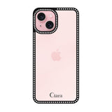 iPhone15 ラインストーンフレームクリア クリア ラインストーンフレームケース ロゴ ブラック