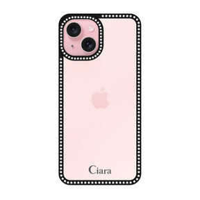 iPhone15 ラインストーンフレームクリア クリア ラインストーンフレームケース ロゴ ブラック