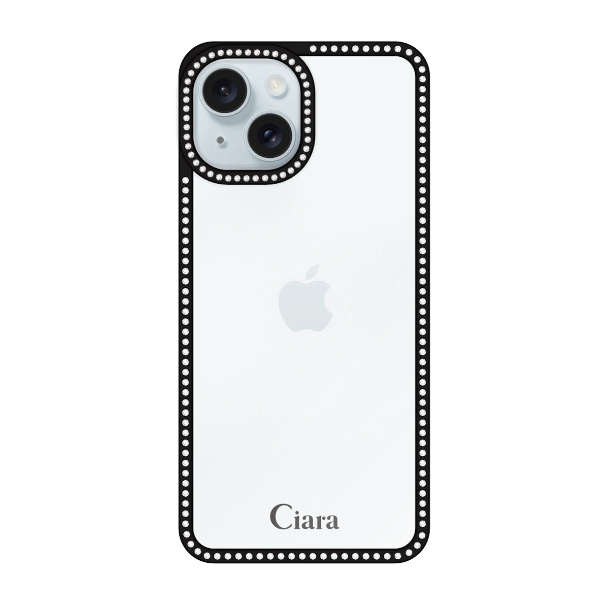 iPhone15Plus/14Plus ラインストーンフレームクリア クリア ラインストーンフレームケース ロゴ ブラック
