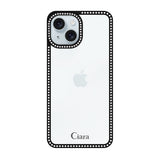 iPhone15Plus/14Plus ラインストーンフレームクリア クリア ラインストーンフレームケース ロゴ ブラック