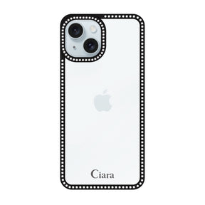 iPhone15Plus/14Plus ラインストーンフレームクリア クリア ラインストーンフレームケース ロゴ ブラック