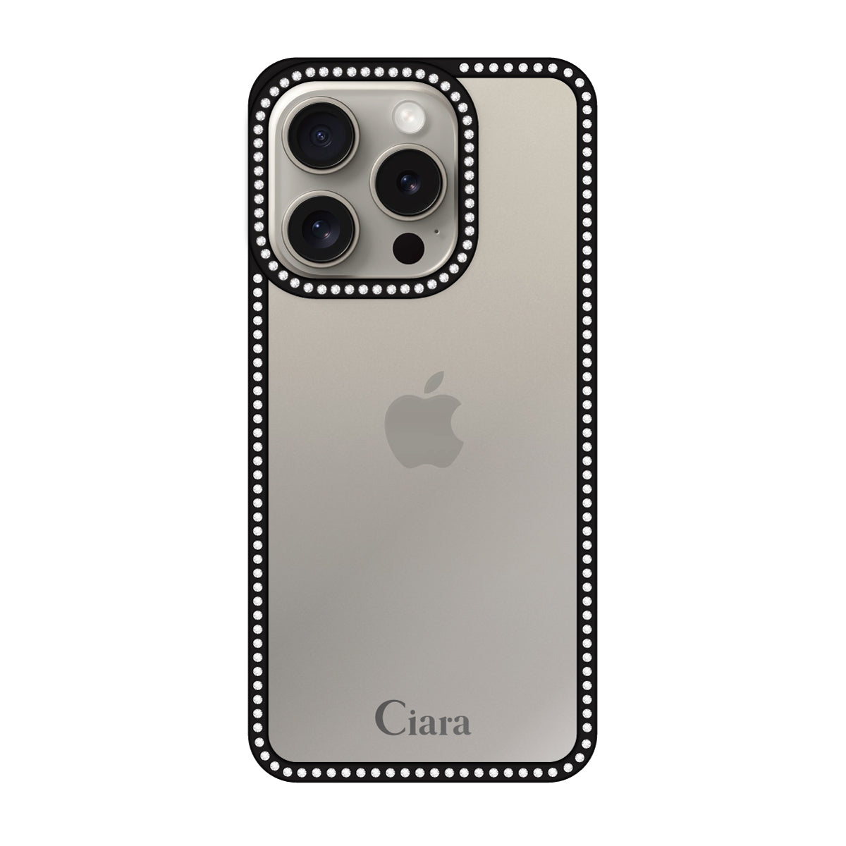 iPhone15Pro ラインストーンフレームクリア クリア ラインストーンフレームケース ロゴ ブラック