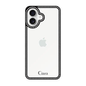 iPhone16 ラインストーンフレームクリア クリア ラインストーンフレームケース ロゴ ブラック