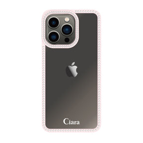 iPhone13Pro ラインストーンフレームクリア クリア ラインストーンフレームケース ロゴ ピンク