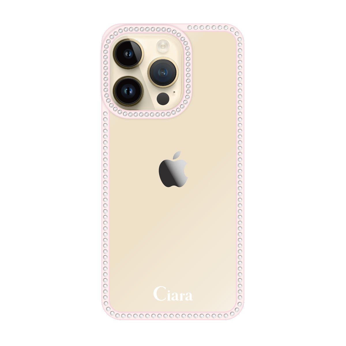 iPhone14Pro ラインストーンフレームクリア クリア ラインストーンフレームケース ロゴ ピンク