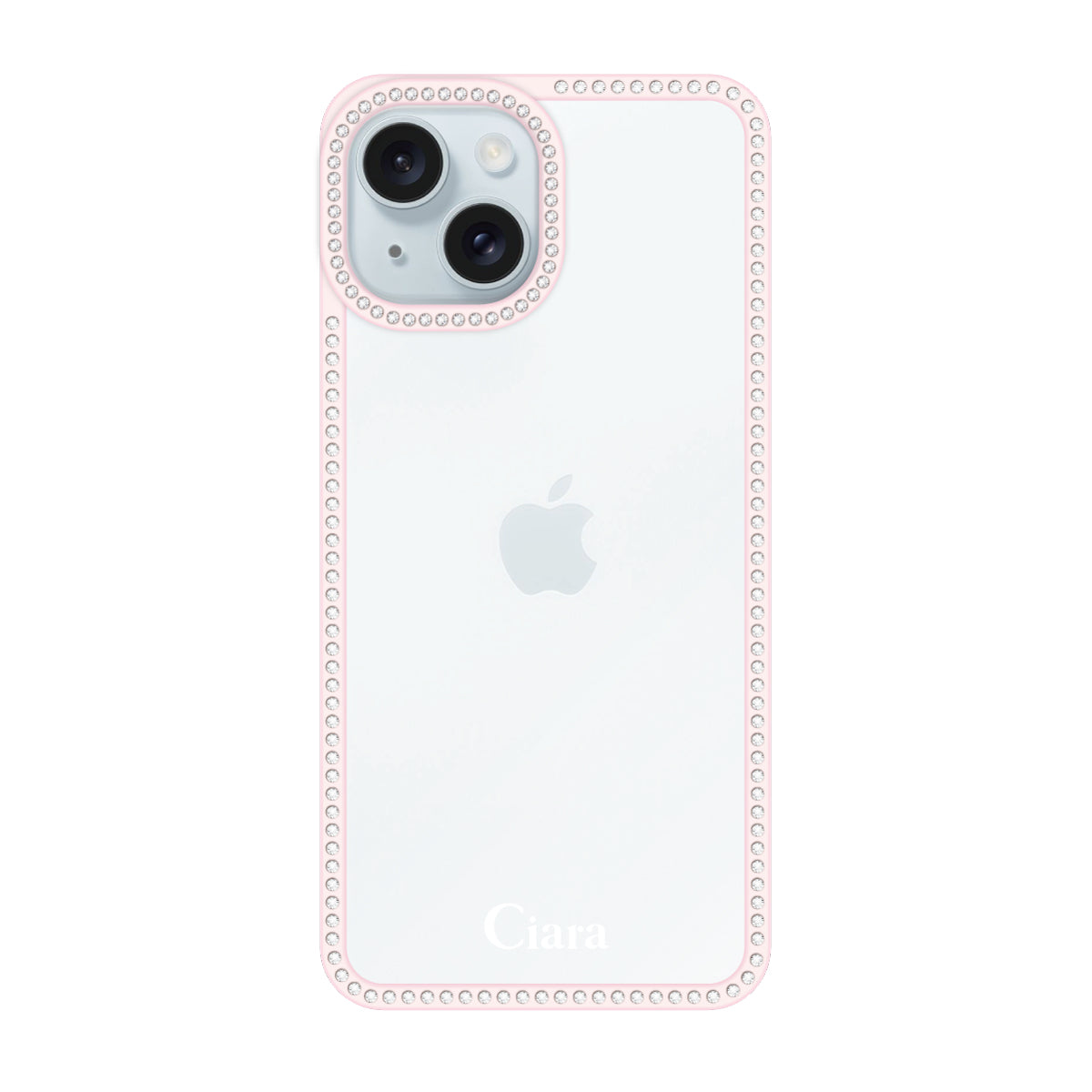 iPhone15Plus/14Plus ラインストーンフレームクリア クリア ラインストーンフレームケース ロゴ ピンク