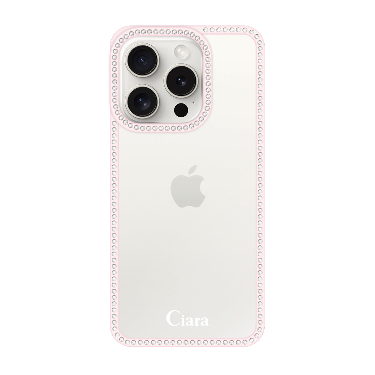 iPhone15ProMax ラインストーンフレームクリア クリア ラインストーンフレームケース ロゴ ピンク