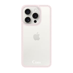 iPhone15ProMax ラインストーンフレームクリア クリア ラインストーンフレームケース ロゴ ピンク