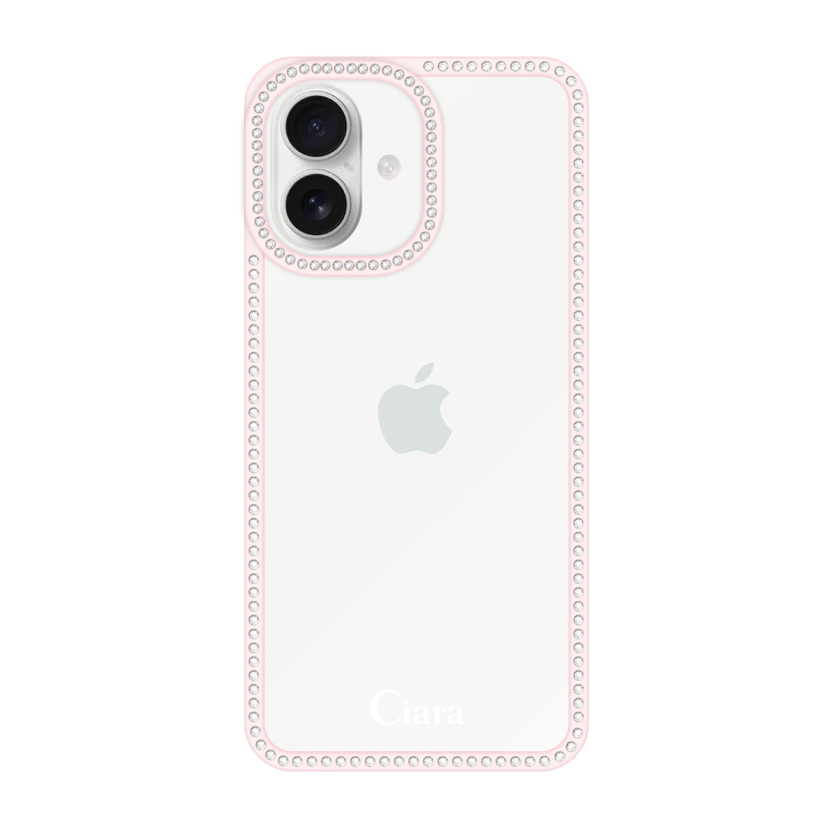 iPhone16 ラインストーンフレームクリア クリア ラインストーンフレームケース ロゴ ピンク