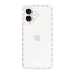 iPhone16 ラインストーンフレームクリア クリア ラインストーンフレームケース ロゴ ピンク