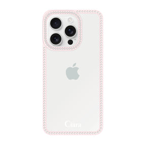 iPhone16ProMax ラインストーンフレームクリア クリア ラインストーンフレームケース ロゴ ピンク