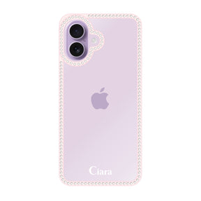 iPhone17 ラインストーンフレームクリア クリア ラインストーンフレームケース ロゴ ピンク