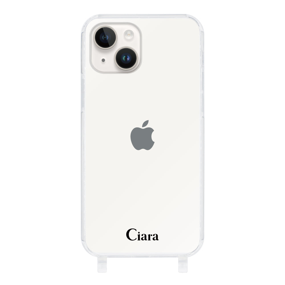 iPhone14 ストラップクリアケース ロゴ ブラック