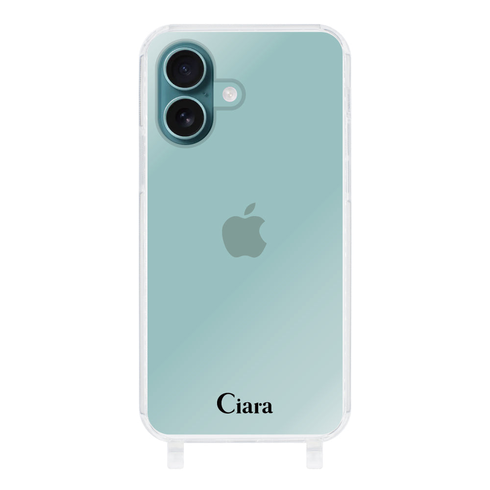 iPhone16Plus ストラップクリアケース ロゴ ブラック