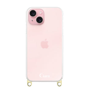 iPhone15 ストラップクリアケース ロゴ ゴールド