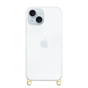 iPhone15Plus ストラップクリアケース ロゴ ゴールド