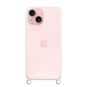 iPhone15 ストラップクリアケース ロゴ シルバー