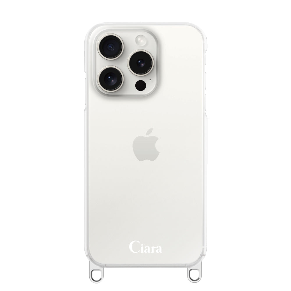 iPhone15ProMaxケース ストラップクリアケース ロゴ シルバー