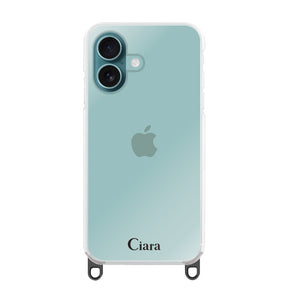 iPhone16Plus ストラップクリアケース ロゴ ブラック