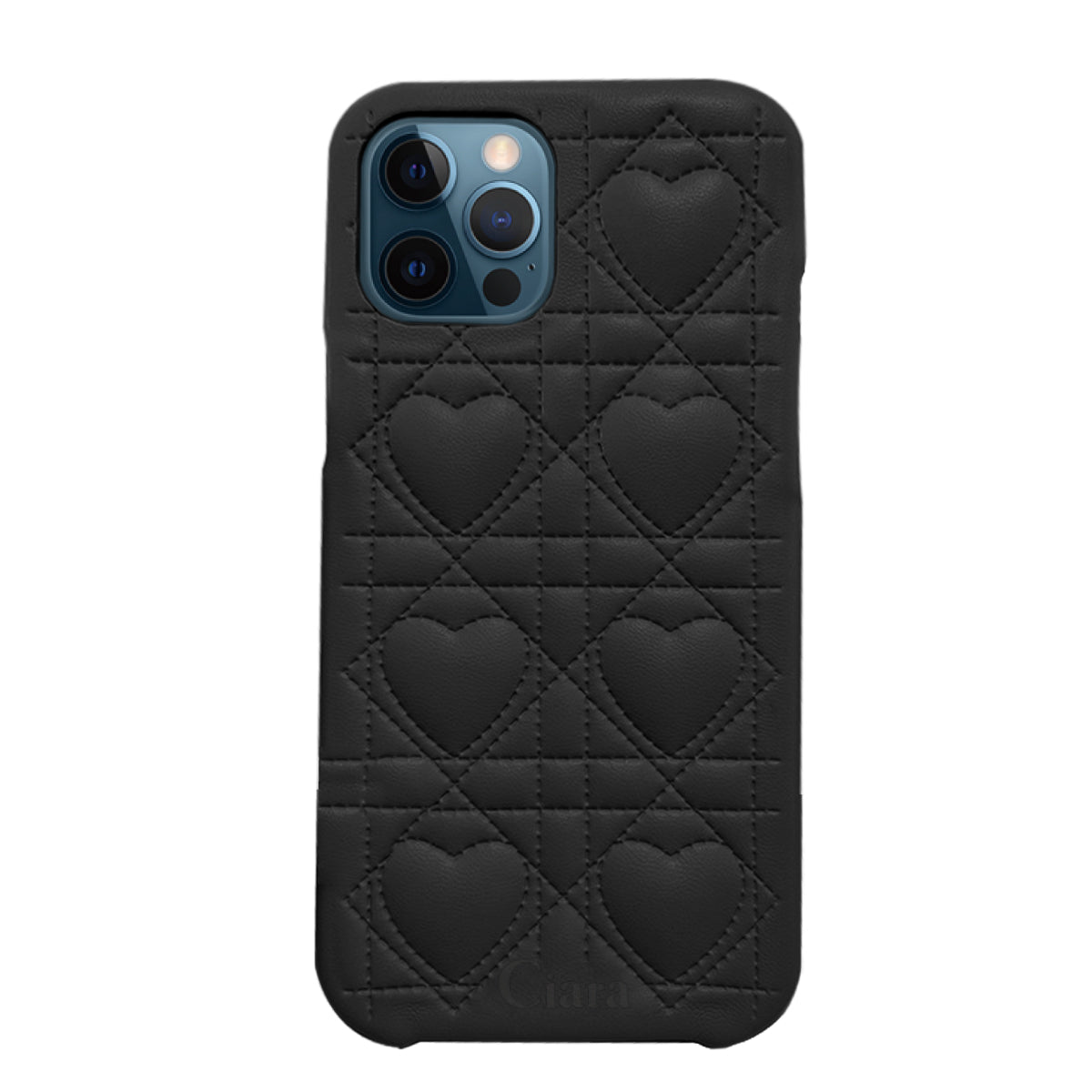 iPhone12ProMax ハートキルティングPU レザーケース ロゴ ブラック