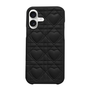 iPhone16 ハートキルティングPU レザーケース ロゴ ブラック