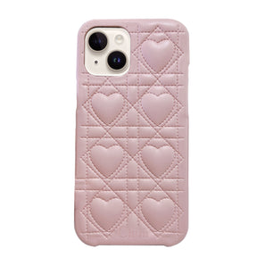 iPhone14/13 ハートキルティングPU レザーケース ロゴ ピンク