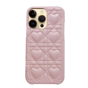 iPhone14Pro ハートキルティングPU レザーケース ロゴ ピンク