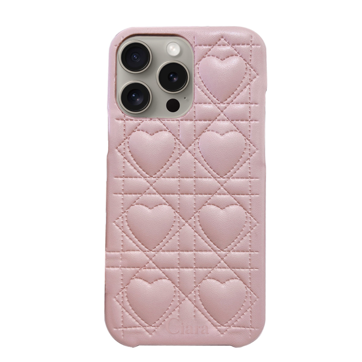 iPhone15Pro ハートキルティングPU レザーケース ロゴ ピンク