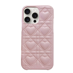 iPhone15ProMax ハートキルティングPU レザーケース ロゴ ピンク