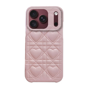 iPhone18Pro/17Pro ハートキルティングPU レザーケース ロゴ ピンク