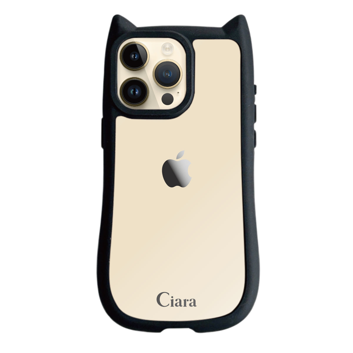 iPhone14Pro ネコミミグリップ 耐衝撃クリアケース ロゴ ブラック