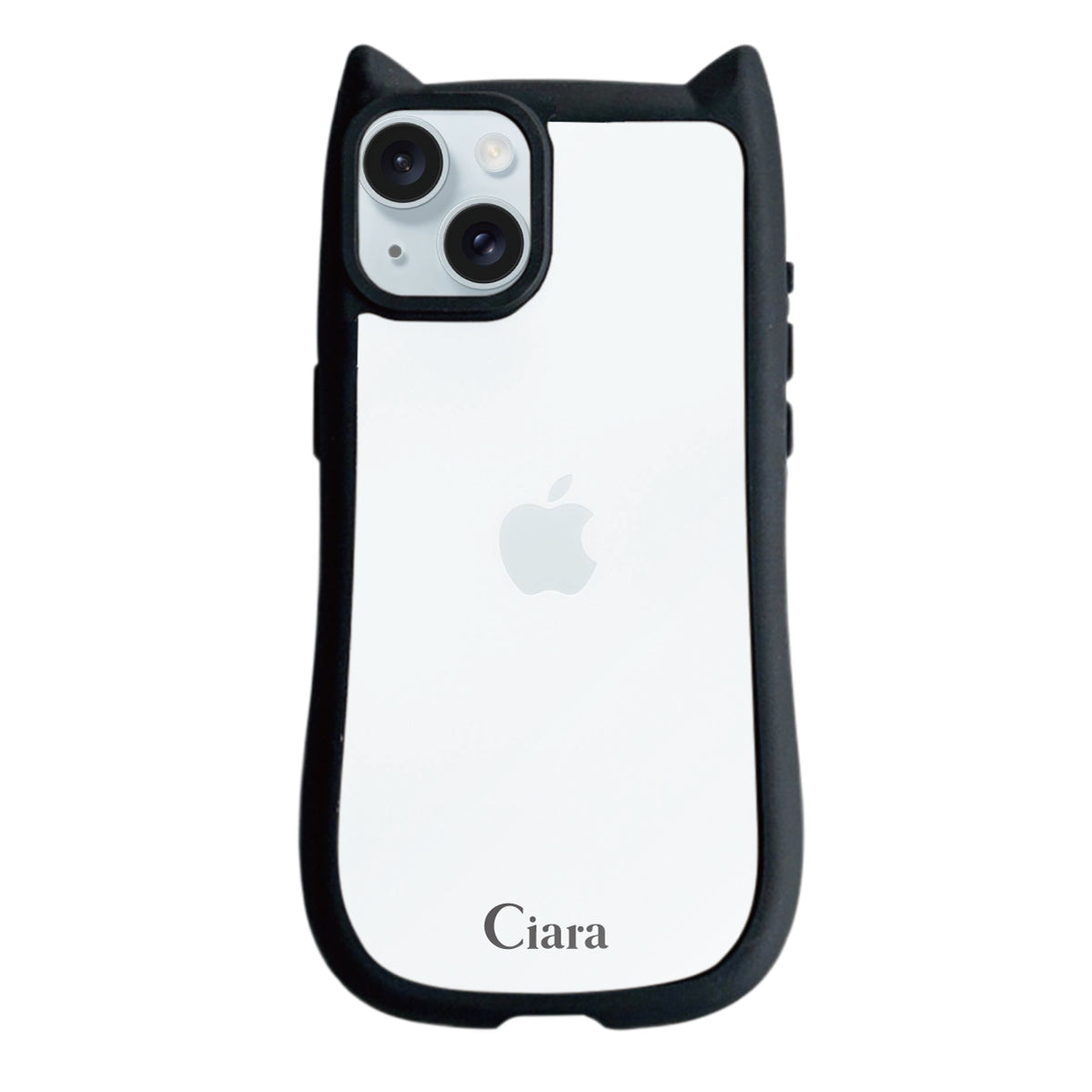 iPhone15Plus/14Plus ネコミミグリップ 耐衝撃クリアケース ロゴ ブラック