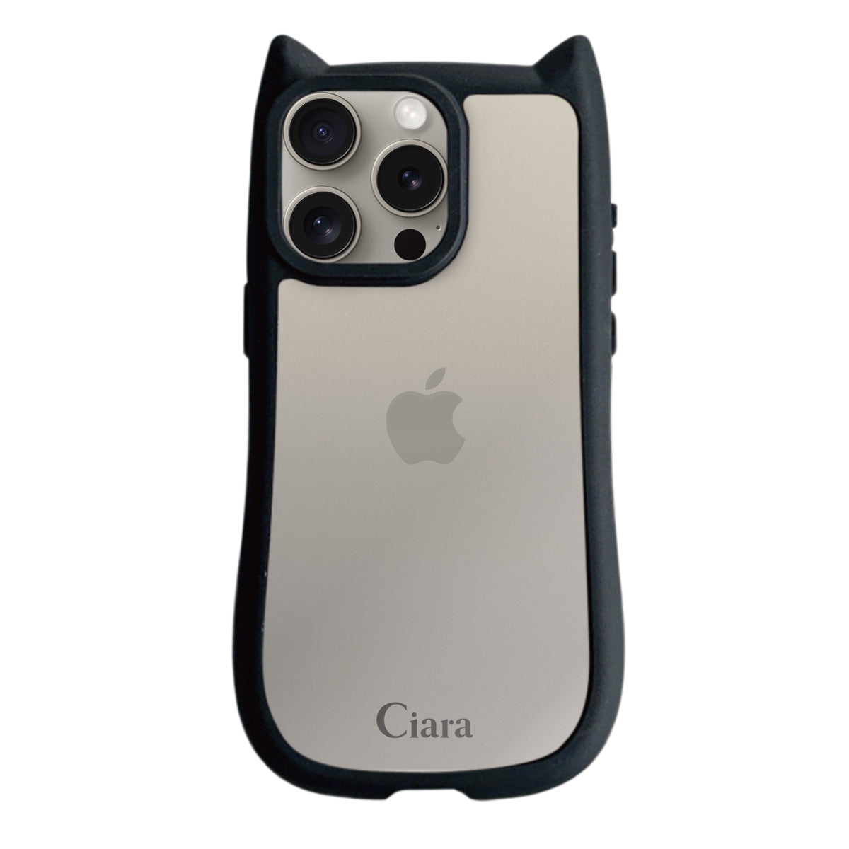 iPhone15Pro ネコミミグリップ 耐衝撃クリアケース ロゴ ブラック
