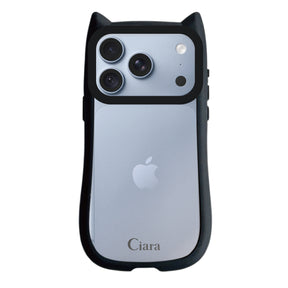 iPhone18Pro/17Pro ネコミミグリップ 耐衝撃クリアケース ロゴ ブラック