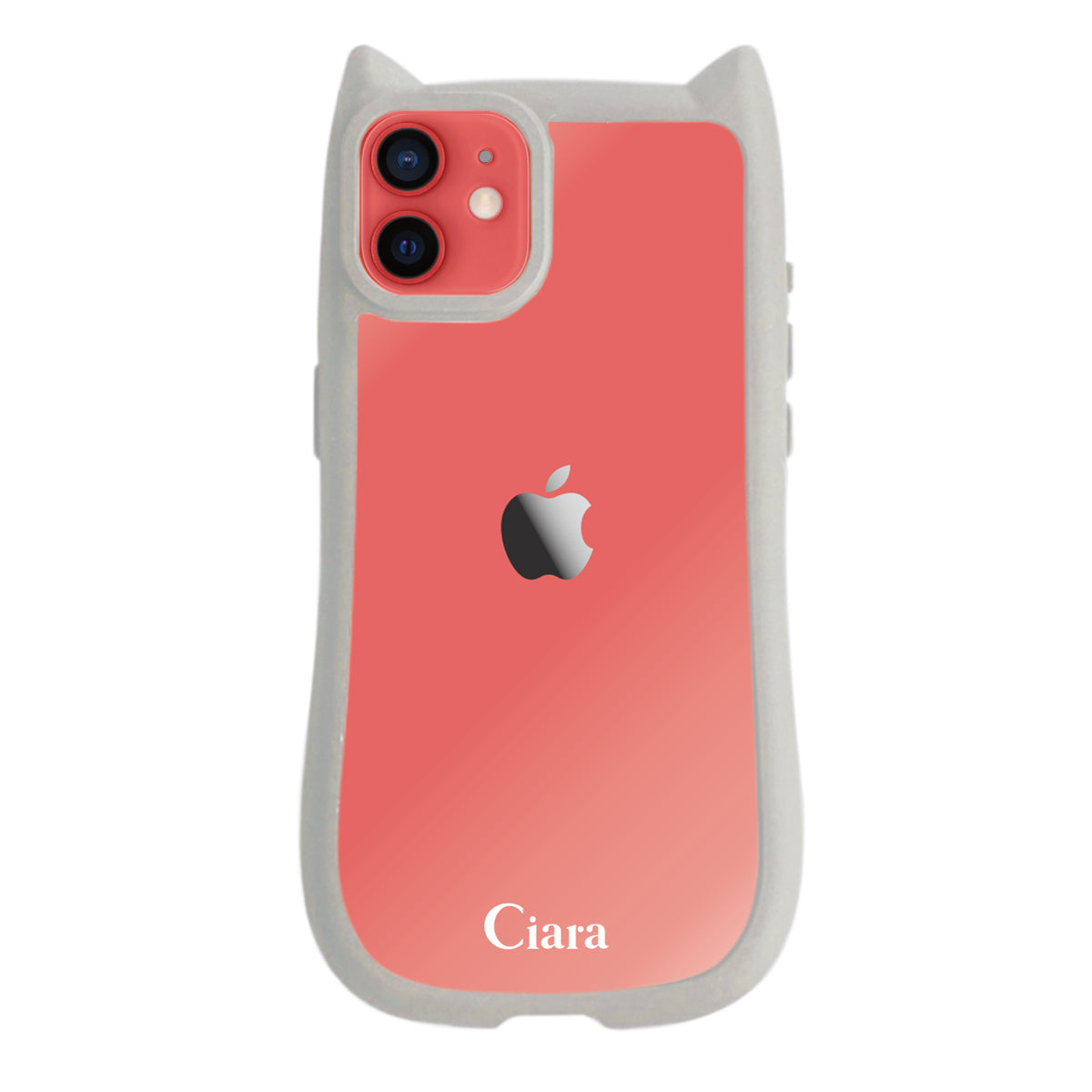 iPhone11 ネコミミグリップ 耐衝撃クリアケース ロゴ グレー
