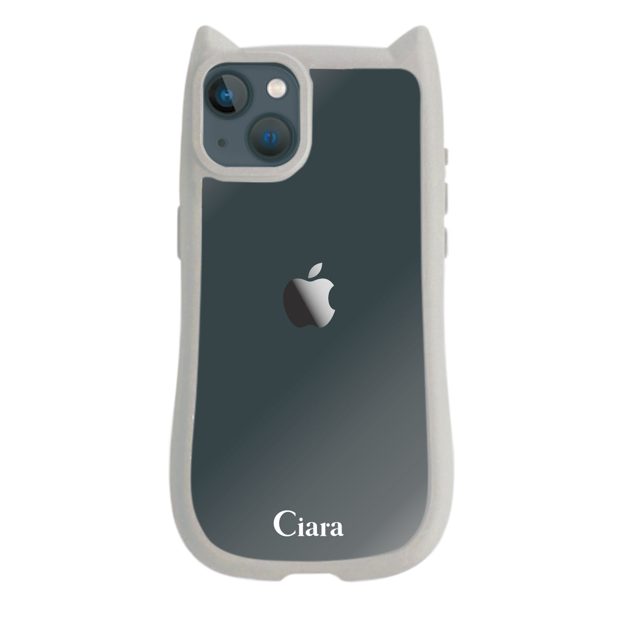 iPhone13mini ネコミミグリップ 耐衝撃クリアケース ロゴ グレー