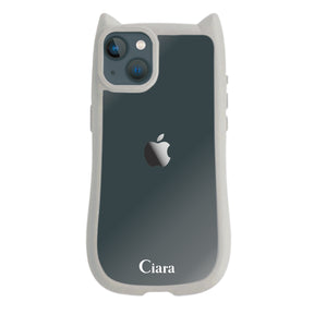 iPhone13mini ネコミミグリップ 耐衝撃クリアケース ロゴ グレー