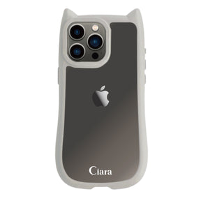 iPhone13Pro ネコミミグリップ 耐衝撃クリアケース ロゴ グレー
