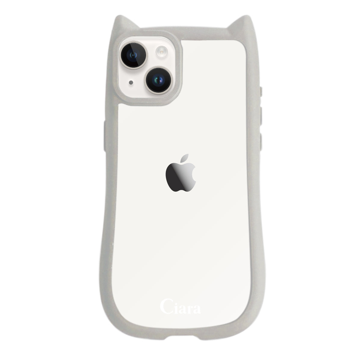 iPhone14/13 ネコミミグリップ 耐衝撃クリアケース ロゴ グレー