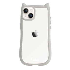 iPhone14/13 ネコミミグリップ 耐衝撃クリアケース ロゴ グレー