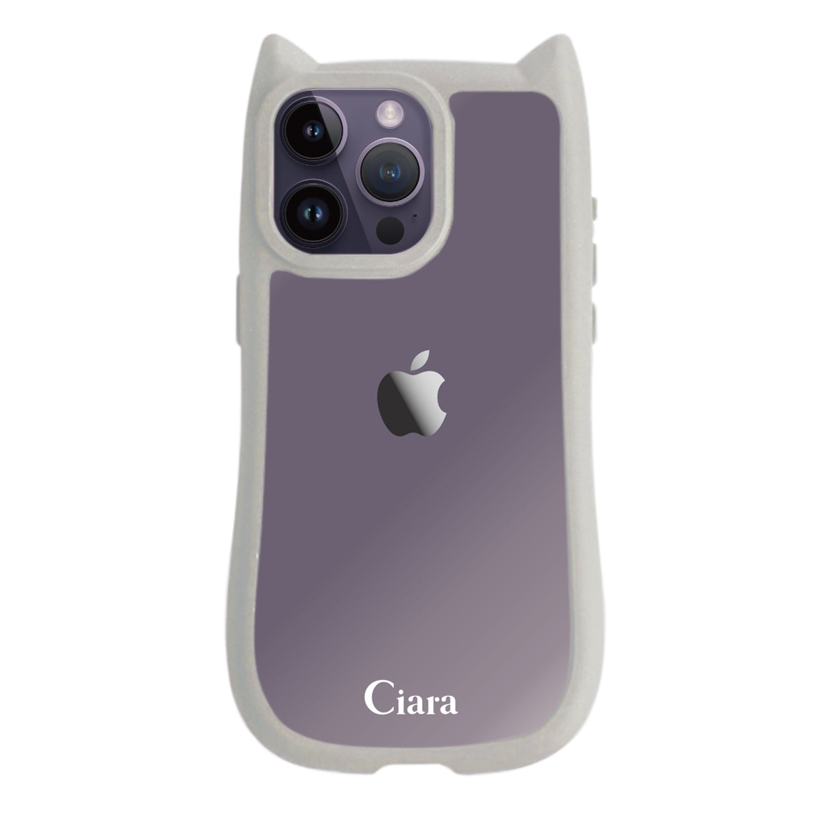 iPhone14ProMax ネコミミグリップ 耐衝撃クリアケース ロゴ グレー