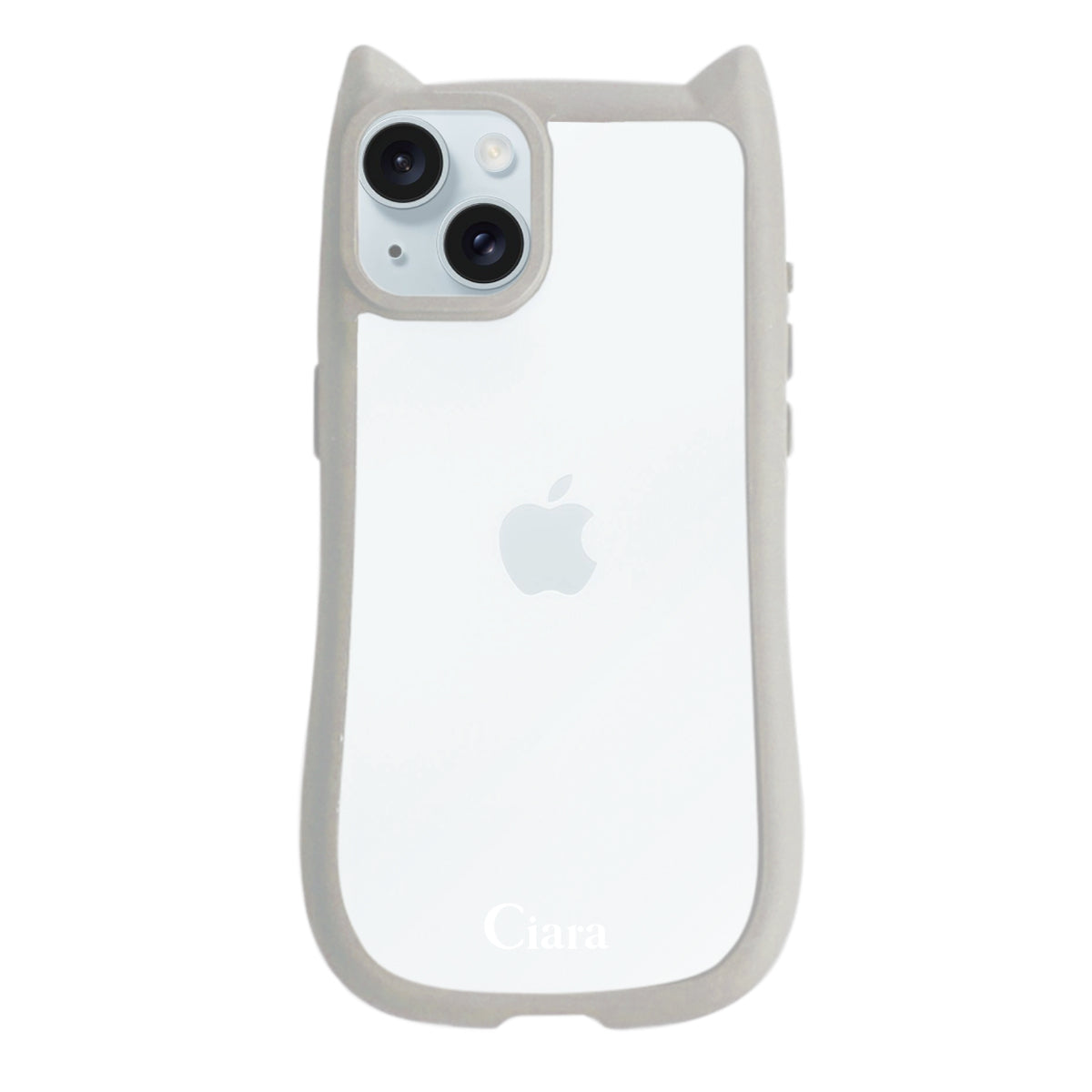 iPhone15Plus/14Plus ネコミミグリップ 耐衝撃クリアケース ロゴ グレー