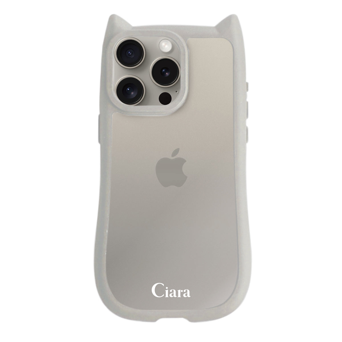 iPhone15Pro ネコミミグリップ 耐衝撃クリアケース ロゴ グレー